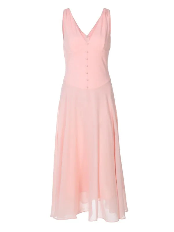 V-neck Sleeveless Long Dresses Chiffon Patchwork Pink French Style Elegant Dresses for Woman Clothing