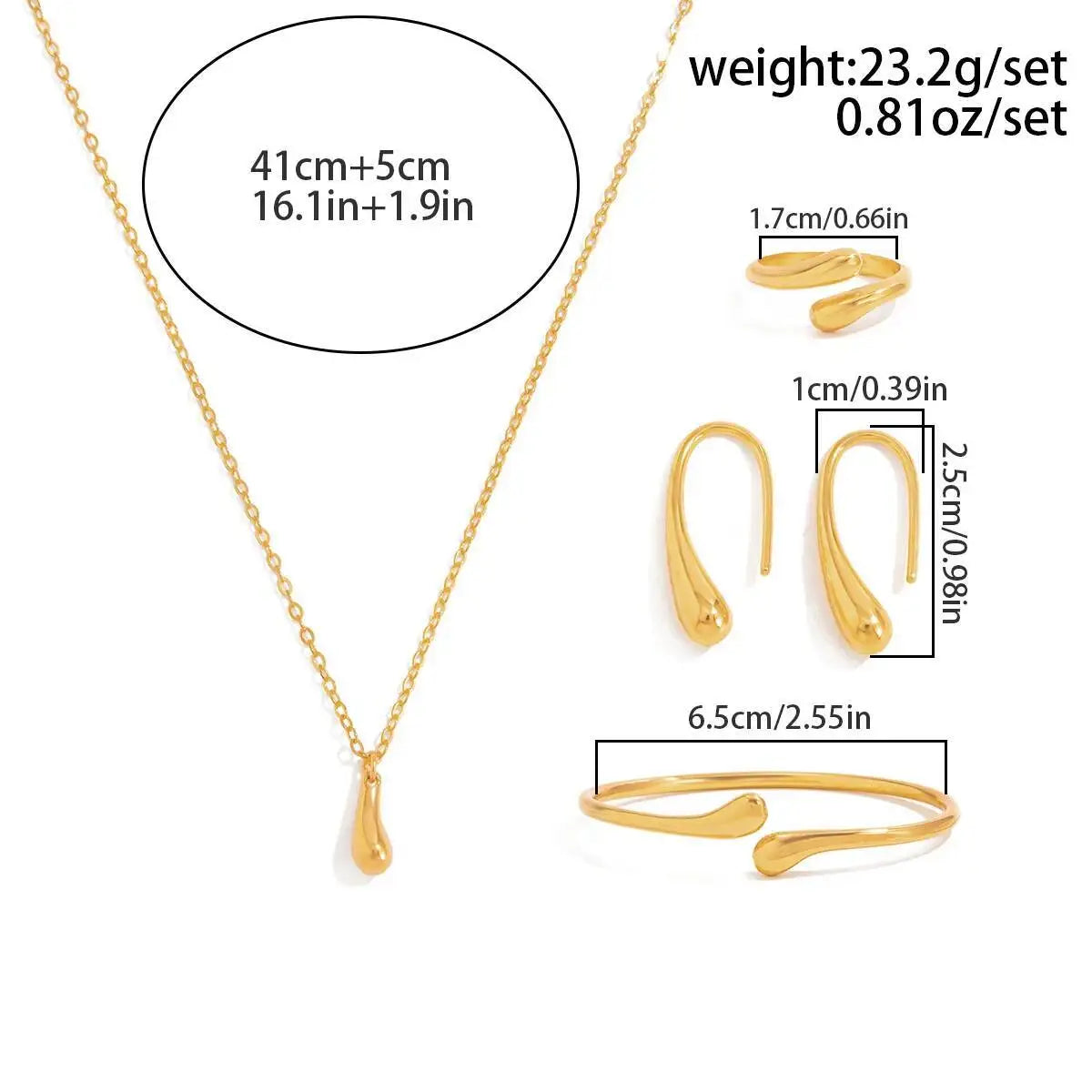 Vintage Minimalism Water Droplet Pendent Necklace Bracelets Earrings Rings Women Vintage Daily Metal Jewelry Set Gift