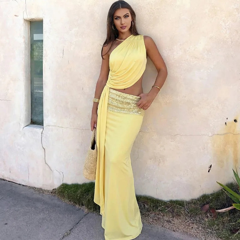 Yellow Two Piece Set Sequin-embellished Maxi Skirt and Top Beach Party Outfits for Woman Sexy Clothes