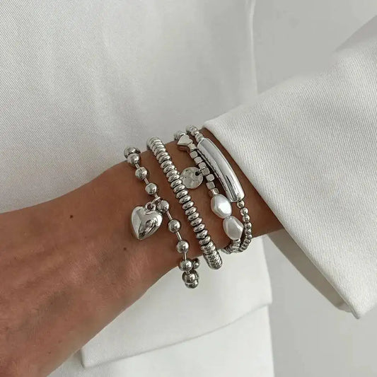 4Pcs/Set Trendy Imitation Pearls Metal Heart Pendant Bracelets Women Creative Sliver Color Cube Chain 2026 New Jewelry