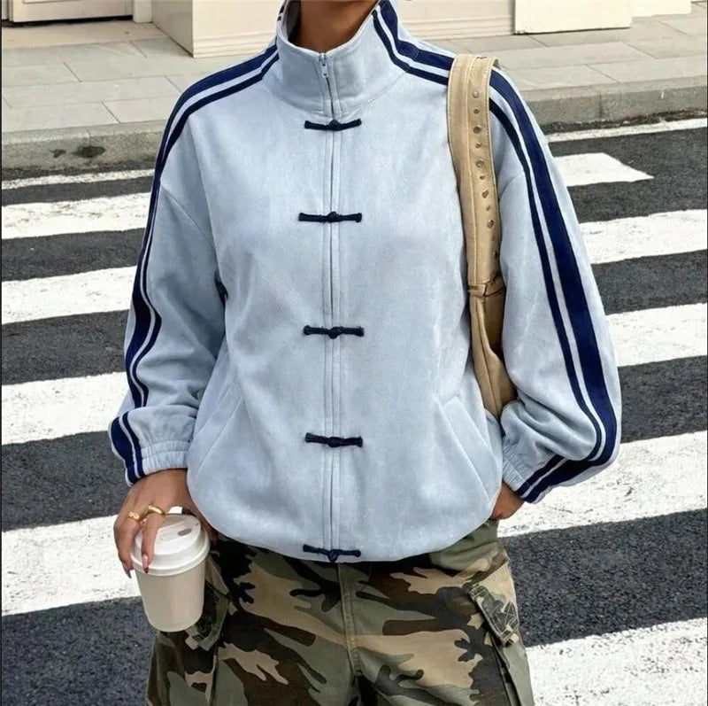 Women Chinese Frog Button Stripe Sleeve Stand Collar Oversized Suede Jacket Loose Zip Up Street Casual Track Outerwear