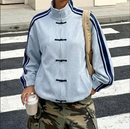 Women Chinese Frog Button Stripe Sleeve Stand Collar Oversized Suede Jacket Loose Zip Up Street Casual Track Outerwear