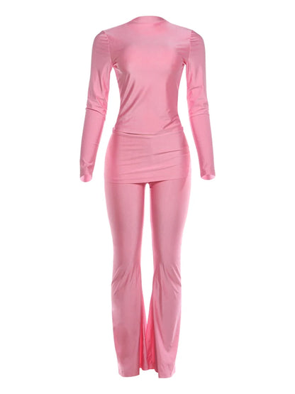 2 Piece Set Woman  Autumn Trend Silky Stain o-Neck Full Sleeve T-Shirt+Slim Stretch Long Pant Casual Elegant Fashion Suit