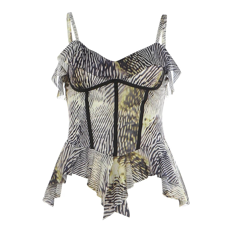 Folds Art Print Irregular Hem Camisole Women Low-Neck Line Decoration Skinny Sexy Summer Fashion Chic Midnight Outfits
