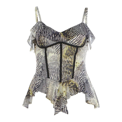 Folds Art Print Irregular Hem Camisole Women Low-Neck Line Decoration Skinny Sexy Summer Fashion Chic Midnight Outfits