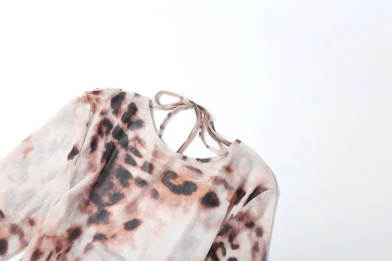 Cheetah Print Mesh Sheer Long Sleeve Lace-up Backless Maxi Dresses for Woman Clothes Elegant