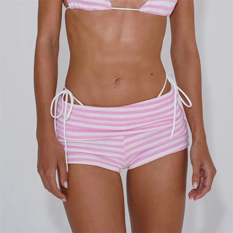 Women's Summer Knit Striped Fold Over Swim Shorts Low Rise Boyshort Bikini Bottoms Soft Stretchy Beach for Vacation