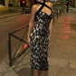 Leopard Print Maxi Dress Women Low-Neck Cross Halter Patchwork Sexy Midnight Hottie Classic Street Prom Party Vestidos
