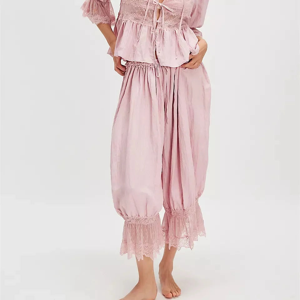 Women Y2K Lace Trim Pants Vintage Pettipants Long Bloomers Pants Under Dress Pantaloons Cute Ruffle Pumpkin Pants