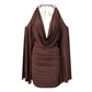 Women Bodycon Mini Dress Cold Shoulder Flare Long Sleeve Halter Backless Dress Sequin Butterfly Chain Back PartyClubwear