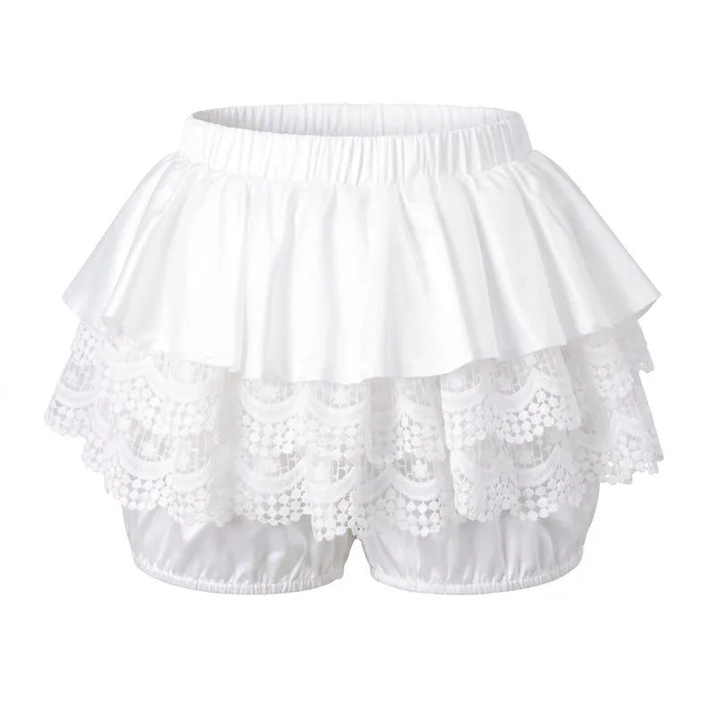 Lolita Sweet Lace Layered Bloomers Women Elastic High Waist Ruffle Fake Two Piece Skort Lace Hem Casual Cute Short Pants