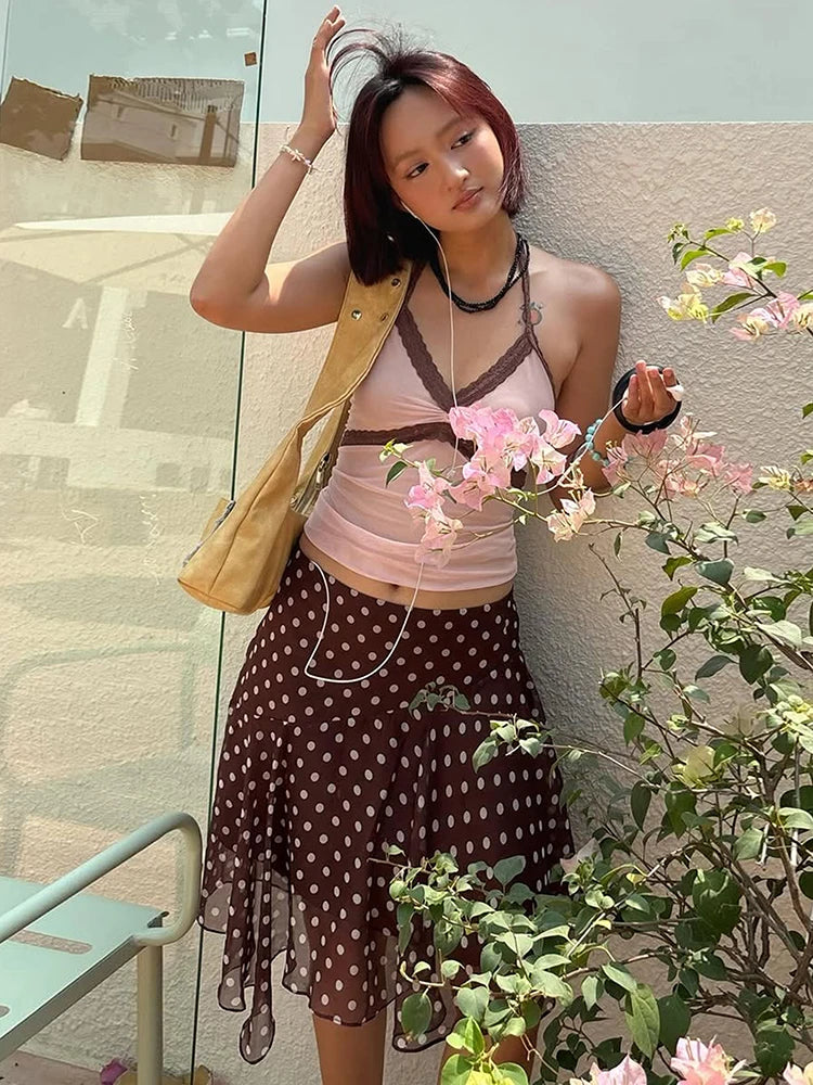Chic Street 2 Piece Set Women Trend Line Patchwork Sleeveless Tank Top+Polka Dot Print Irregular Hem Skirt Party Suit