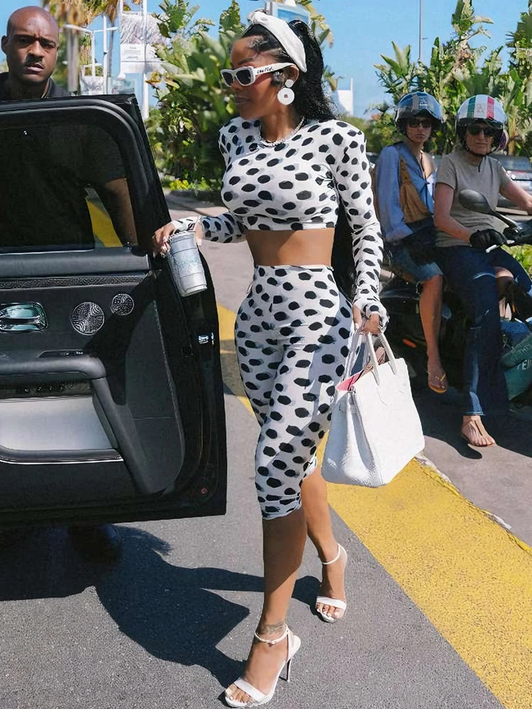 Polka Dot Print 2 Piece Set Women Trend O-Neck Full Sleeve Crop T-Shirt+Capri Pants Fashion Chic Street Sport Suits