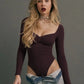 Basic Low-cut Long Sleeve Bodysuits Woman Tops Fall Winter Clothing Trending