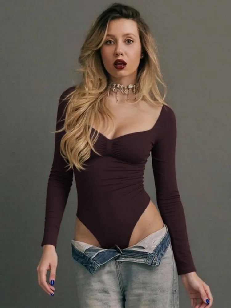 Basic Low-cut Long Sleeve Bodysuits Woman Tops Fall Winter Clothing Trending