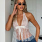 Hottie Mesh Patchwork Tank Tops Women Halter Low-Neck Backless Bow Decoration Splits Hem Wild Summer Style Streetwear