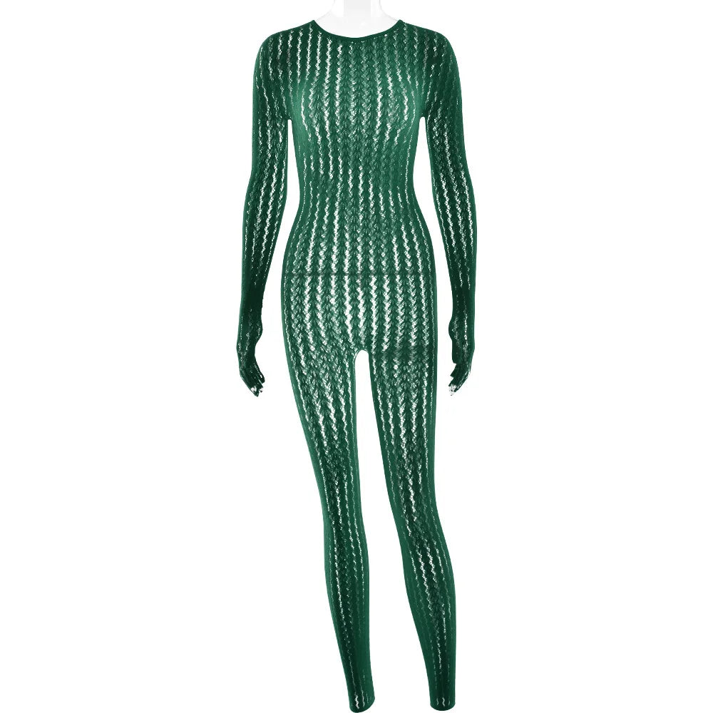 See Through Seamless Striped Jacquard One Piece Long Sleeve Jumpsuit Sexy All Black Outfits for Woman Baddie