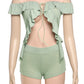 Elegant Women 2 Piece Set Y2K Slash Neck Ruffles Lace Up Crop Tops+Shorts Summer Trend Club Matching Midnight Outfits