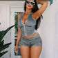 Distressed Style Denim 2 Piece Set Women Zipper Cardigan Sleeveless Crop Top+Skinny Shorts Hottie Street Hipster Suit