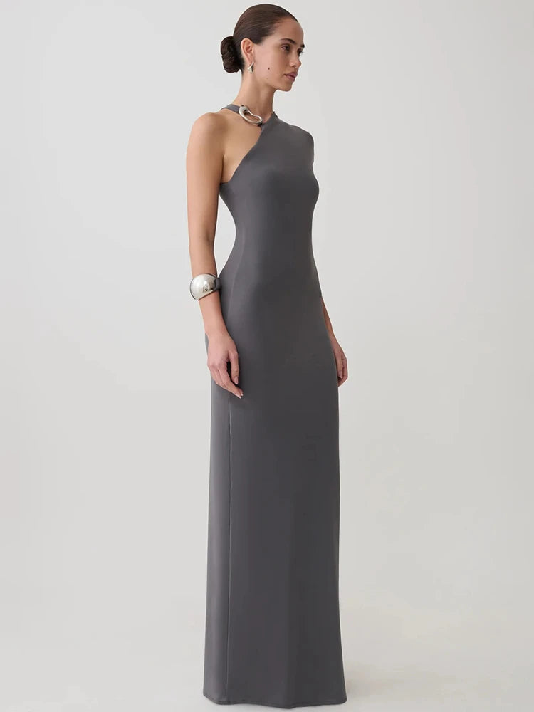 Women One‑Shoulder Metal Ring Decor Sexy Maxi Dress Sleeveless Bodycon Evening Gown Wedding Guest Party Long Dress