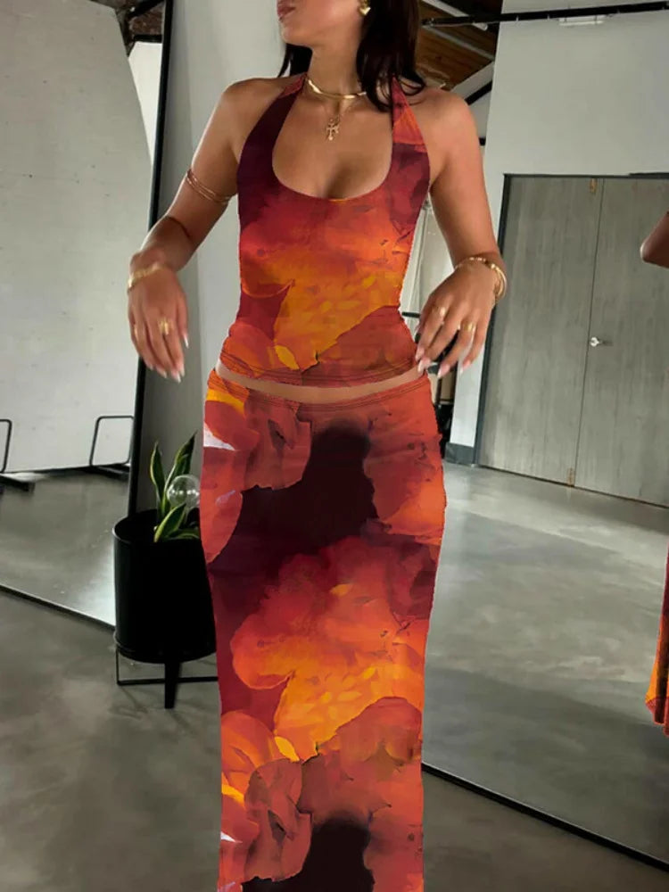 Flower Print Backless Halter Top and Maxi Skirt 2 Piece Set Elegant Sexy Summer Vacation Outfits Women
