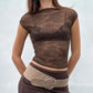 Women Y2K Vintage Floral Lace Crop Top Goth Grunge Cap Sleeve Scoop Neck See-Through Sheer Mesh Baby Tees
