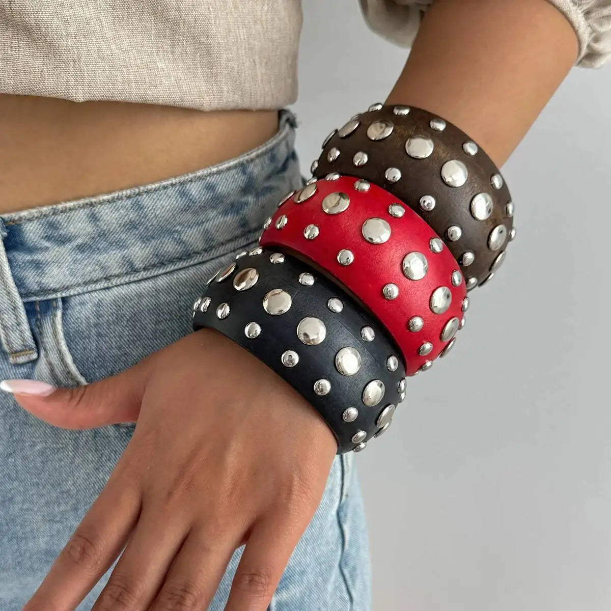 Hyperbole Wooden CCB Chunky Bangle Bracelet Vintage Punk Red Black Stackable Wide Grunge Jewelry for Women Creative