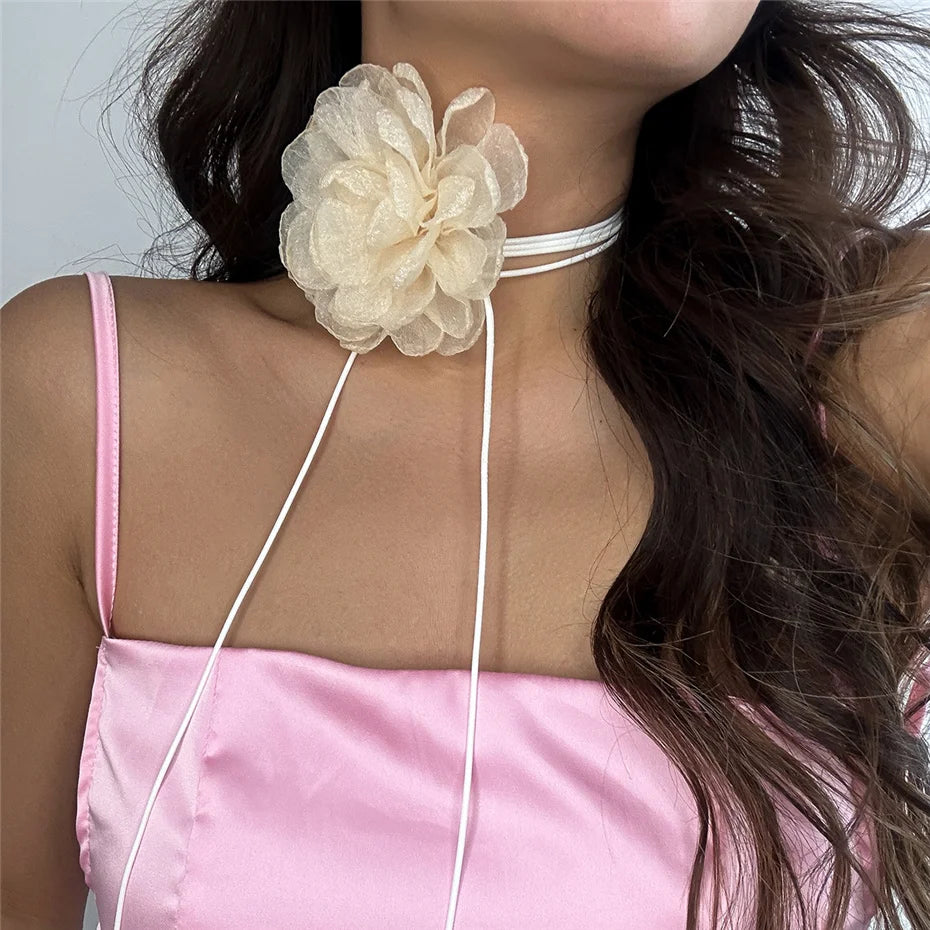 Exaggerated Romantic Big Rose Flower Clavicle Chain Necklace Women Kpop Adjustable Bowknot Rope Choker Jewelry Y2K Accessories