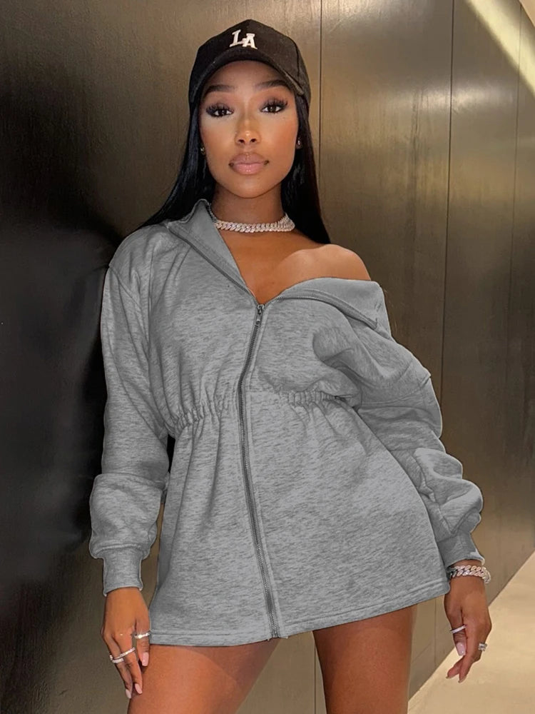 Casual Women Mini Dress Sporty Zip Shirring Hooded Full Sleeve Autumn Fashion Waist-Reducing Classic Solid Bodycon