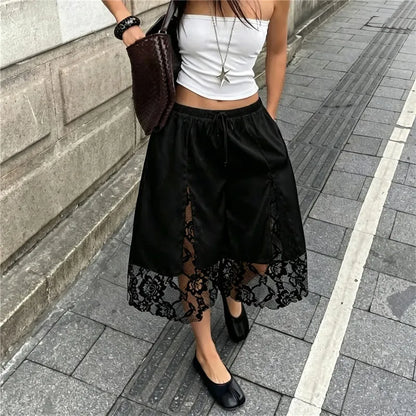Womens Y2K Satin Lace Patchwork Capri Shorts Drawstring Waist Side Slit Floral Lace Hem Loose Mid Calf Casual Bottoms