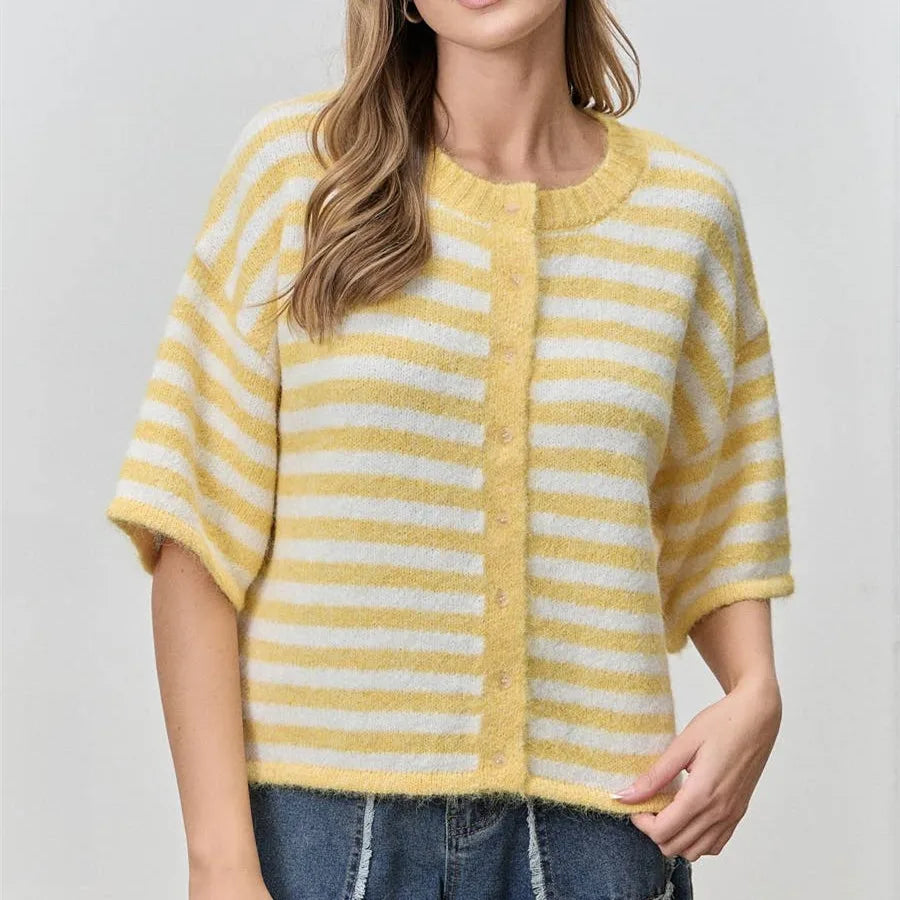 Women Contrast Stripe Plush Mohair Knit Cardigan Round Neck Button Front Half Sleeve Loose Fit Cropped Knit Jacket Fall
