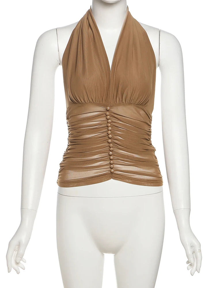 Ruched Tank Tops Women Y2K Halter Backless Patchwork Mesh Single-Breasted Pearl Sexy Midnight Summer Chic Hottie Vest