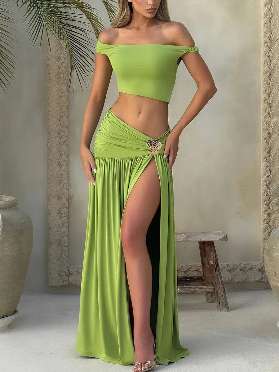 Sexy Y2K Women 2 Piece Set Elegant Skew Collar Crop Tops+Pleated Metal Buckle Maxi Skirts Party Midnight Clubwear