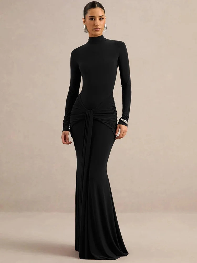 High Neck Long Sleeve Mermaid Maxi Dress Women Slim Ruched Waist Bodycon Floor Length Evening Party Formal Dress