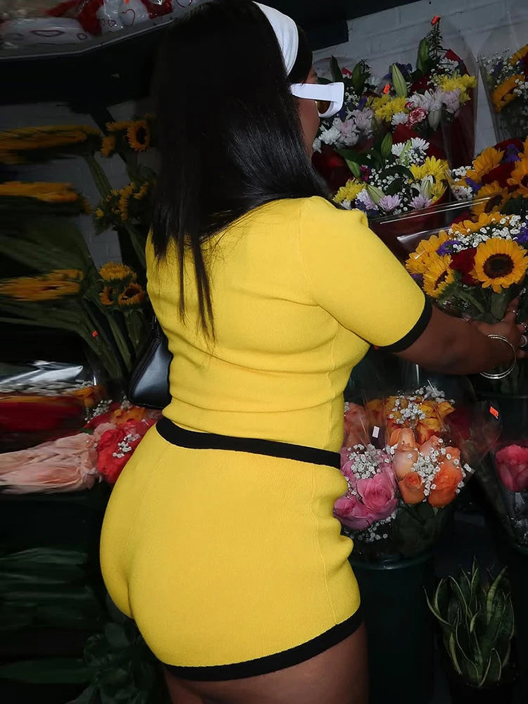 Casual 2piece Set Women Tracksuit Summer Hipster Polo Neck Crop Tops+Button Shorts Matching Skinny Stretch Streetwear