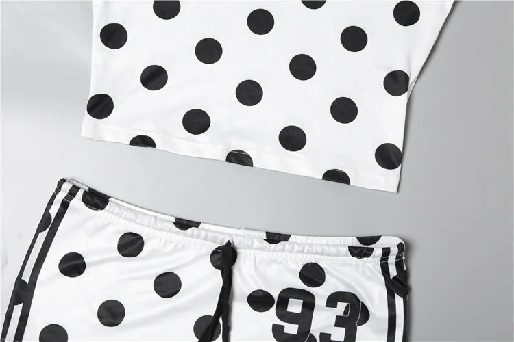 Dot Digit Print 2 Piece Set Women Casual Sporty Hipster Crop Tops+Shorts Matching Streetwear Skinny Stretch Tracksuit