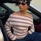 Casuals Striped Print T-Shirt Women Autumn Trend Chic Skew Collar Off-Shoulder Full Sleeve Fashion Street Sporty Tees