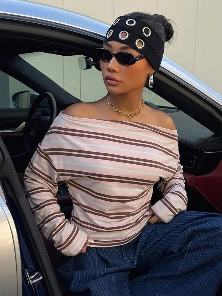 Casuals Striped Print T-Shirt Women Autumn Trend Chic Skew Collar Off-Shoulder Full Sleeve Fashion Street Sporty Tees