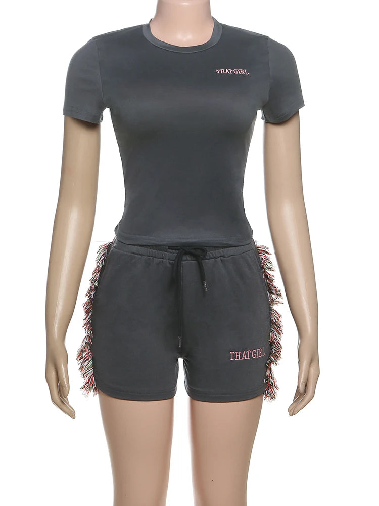 Letter Embroidery Women Casual 2 Piece Set Tracksuit Shorts Sleeve Crop Tops+Side Tassel Shorts Sporty Matching Suits
