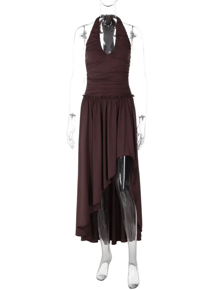 Women Halter Deep V Neck Sexy Midi Dress Ruched Bust Waist Bodycon Long Dress Elegant Club Vacation Party Dress