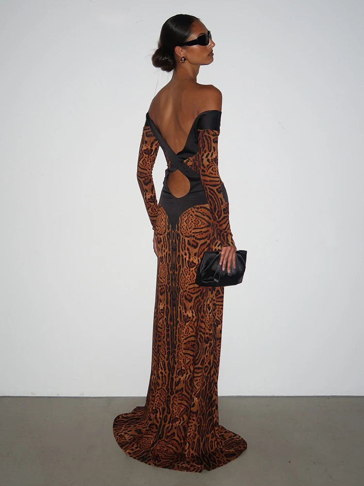 Sexy Leopard Backless Dress Women Autumn Trend Color Blocking Hollow Full Sleeve Elegant Fashion Party Street Bodycon