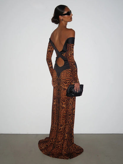 Sexy Leopard Backless Dress Women Autumn Trend Color Blocking Hollow Full Sleeve Elegant Fashion Party Street Bodycon