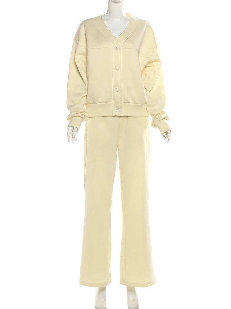 Sporty Casual Tracksuits 2 Piece Set V-Neck Single Breasted Jacket+Drawstring Pants Matching Simple Streetwear Outfits