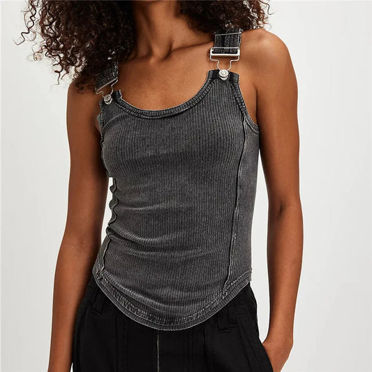Women's Ribbed Tank Top Adjustable Buckle Strap Sleeveless Cami Top Exposed Seam Curved Hem Slim Fit Y2K Streetwear