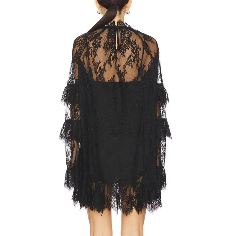 Women Lace Sheer Dress Sexy See Through Mesh Long Sleeve High Neck Floral Cover Up Cocktail Party Mini Dresses