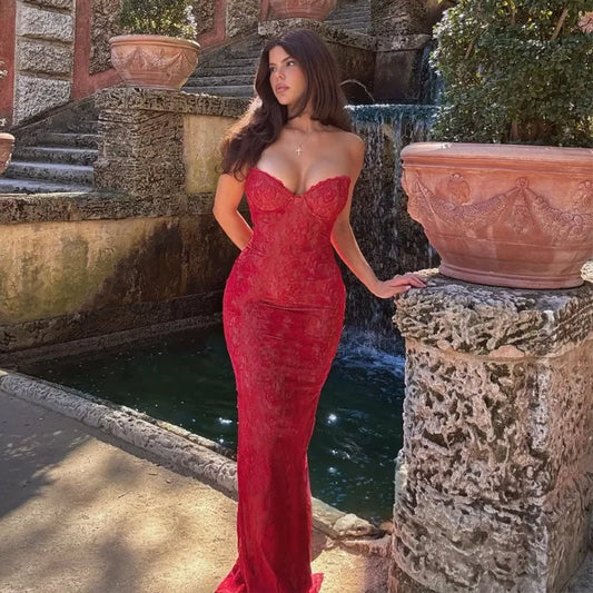 Strapless Split Fishtail Maxi Dress with Long Sleeve Shawl See Through Lace Black Red Party Dresses