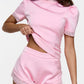 Women's 2 Piece Satin Short Sets Outfits Fashion Mock Neck Puff Sleeve Tee Top and Lace Trimmed Shorts Summer Set