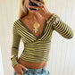 Daily Casuals Fashion Stripes T-Shirt Women Trend Simple V-Neck Line Patchwork Full Sleeve Chic Sporty Street Crop Tees
