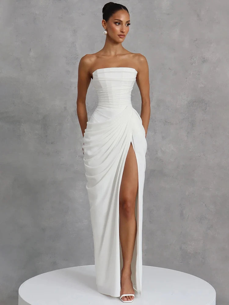 Chiffon Off-shoulder Strapless Sexy Maxi Dress Women Elegant Sleeveless Backless High Split Ruched Club Party Dress