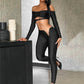 Sexy 2-Piece Set Women Hollow Slash Neck Full Sleeve Crop Tops+v-Waist Skinny Pants High Elasticity Chic Streetwear